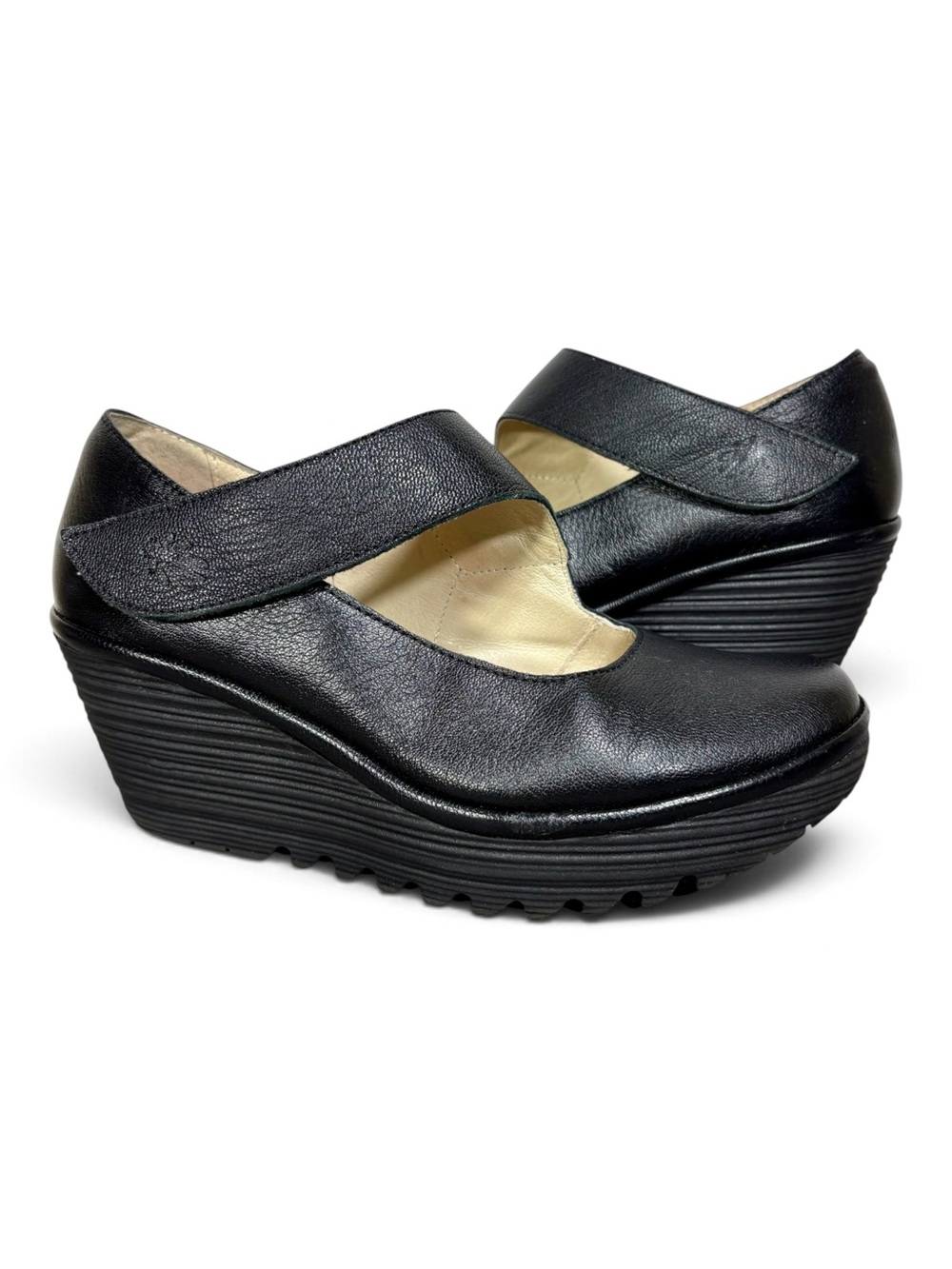 Fly London Leather Wedge Mary Jane with Hook & Loop Strap- woman’s EU 39